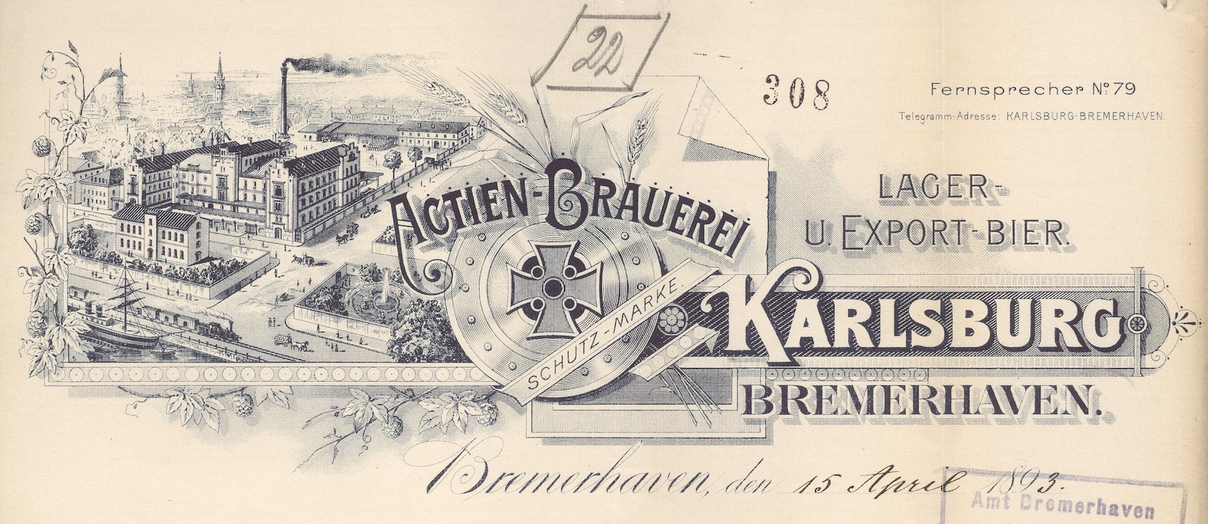Karlsburg-Brauerei, Briefkopf, 1893 (aus Akte Schornstein- und Maschinenanlage, 1892-93, Blatt 308), (Akte Wesermünde - 110-2-3)